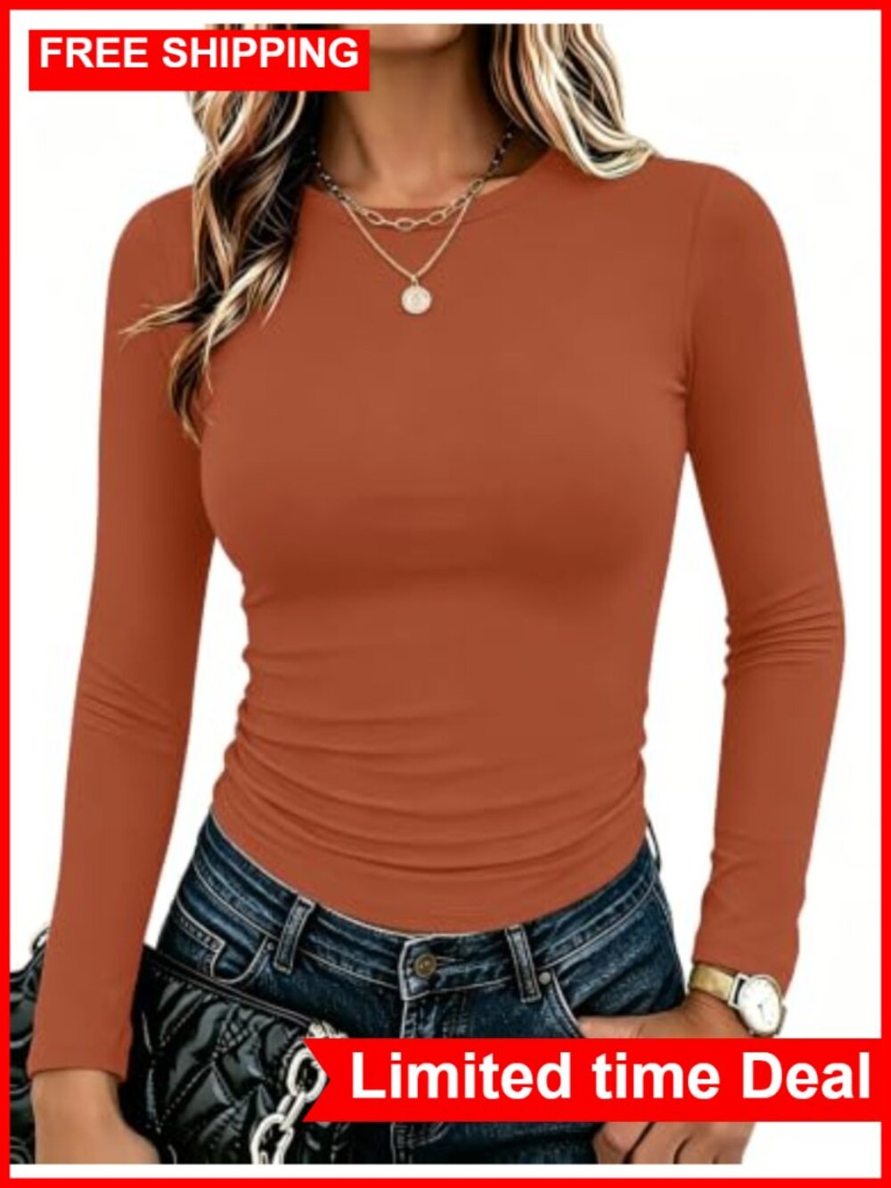 Womens Long Sleeve Crew Neck Slim Fit Stretch Tee Basic Going Out Top